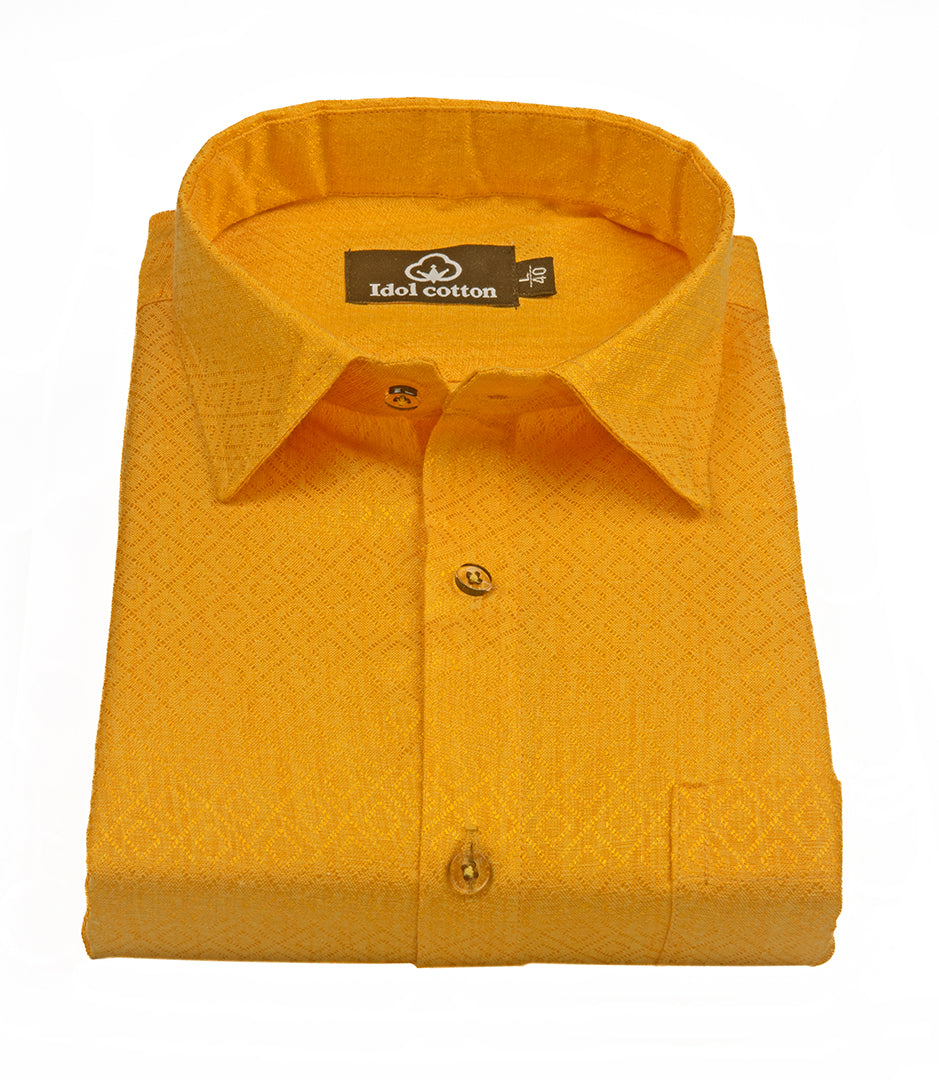 Teal Jacquard Dimond Pattern Cotton Shirt Golden Yellow Colour