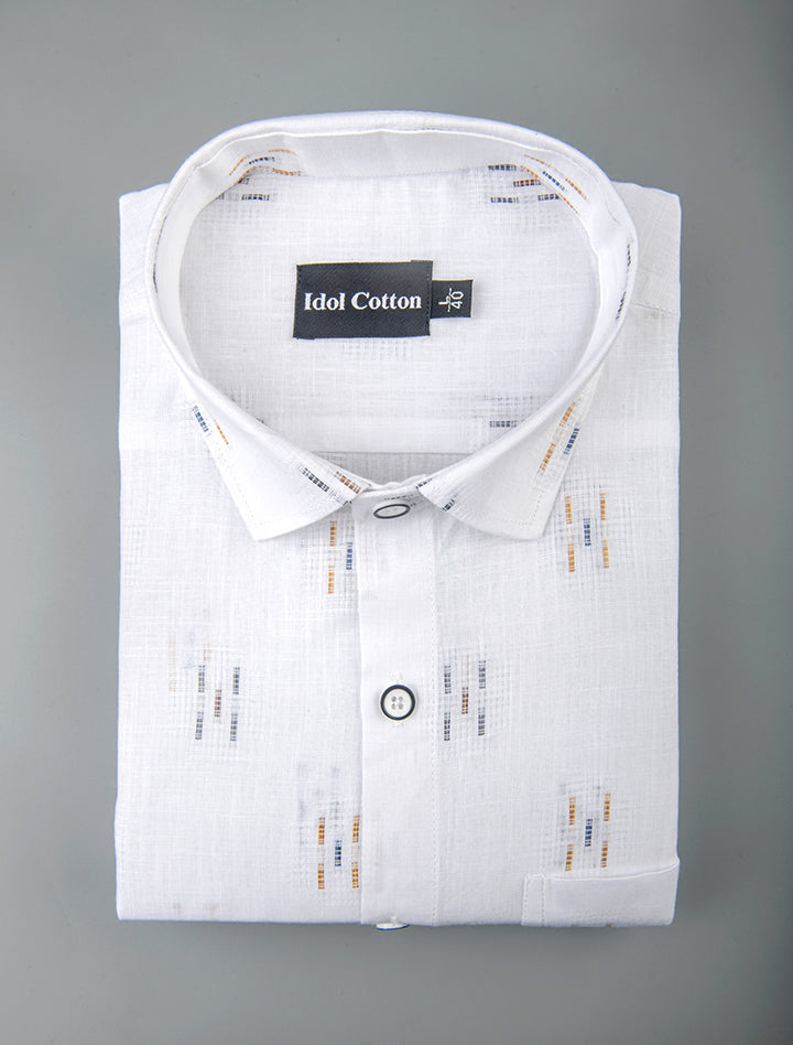 Pure White Linen Butta Print Three Lline Stripes