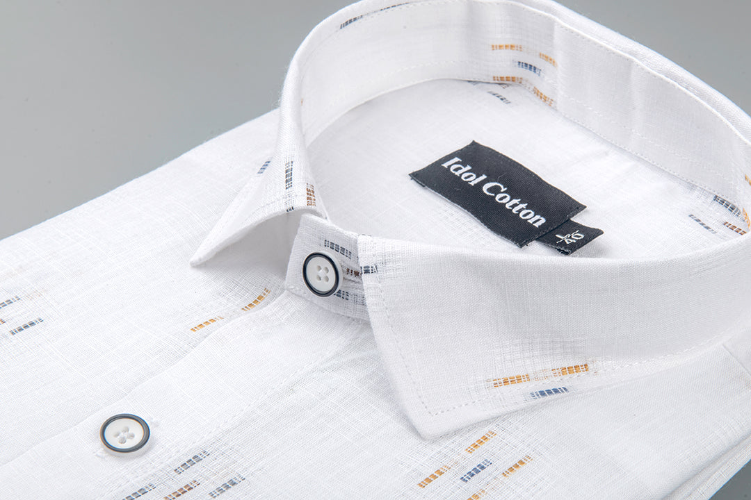 Pure White Linen Butta Print Three Lline Stripes