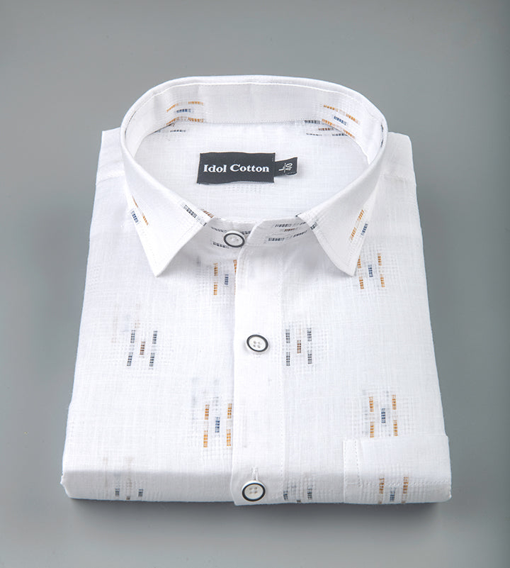 Pure White Linen Butta Print Three Lline Stripes