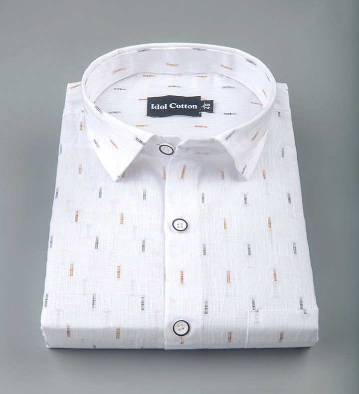 Pure White Linen Butta Print Small Singl Lline Stripes