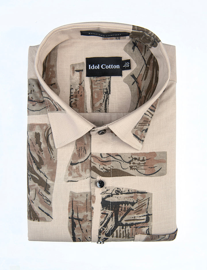 Linen Graphics Printed Shirt Cream With Brown Mix