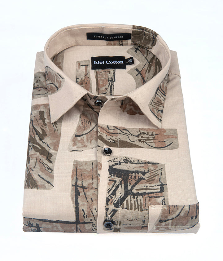Linen Graphics Printed Shirt Cream With Brown Mix