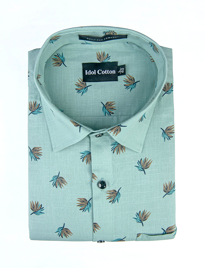 Linen Brown And Teal Leaf Print Light Green Background