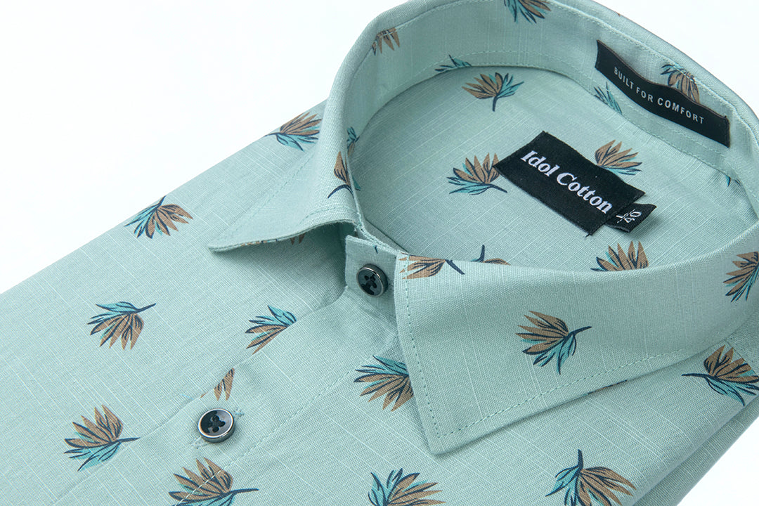 Linen Brown And Teal Leaf Print Light Green Background