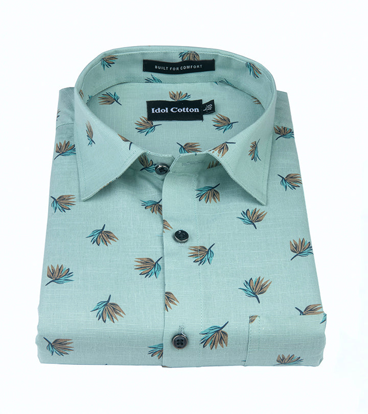 Linen Brown And Teal Leaf Print Light Green Background