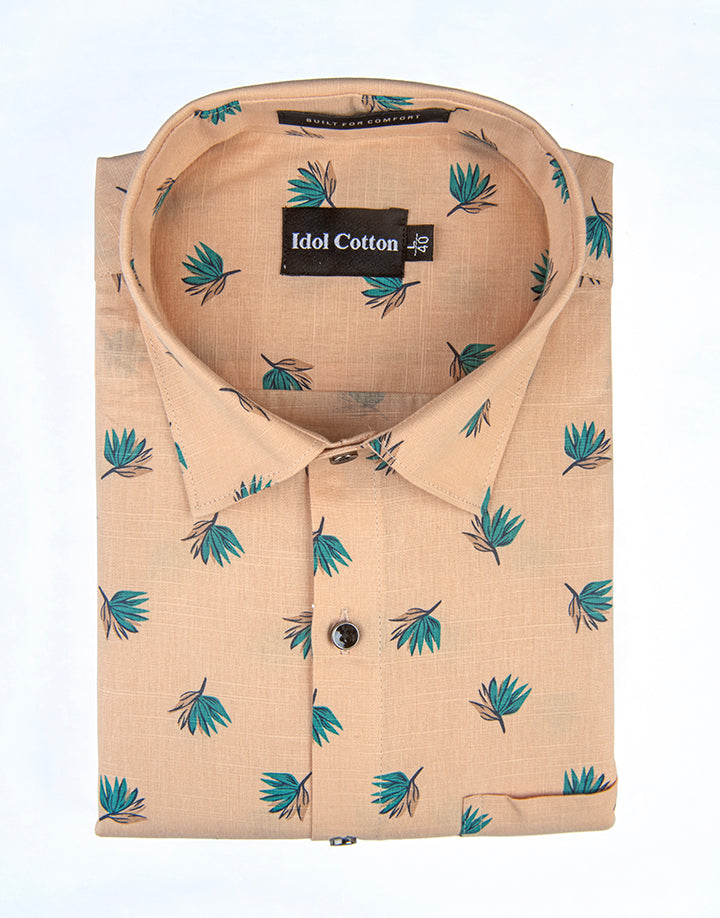 Linen Green And Teal Leaf Print Peach Orange Background