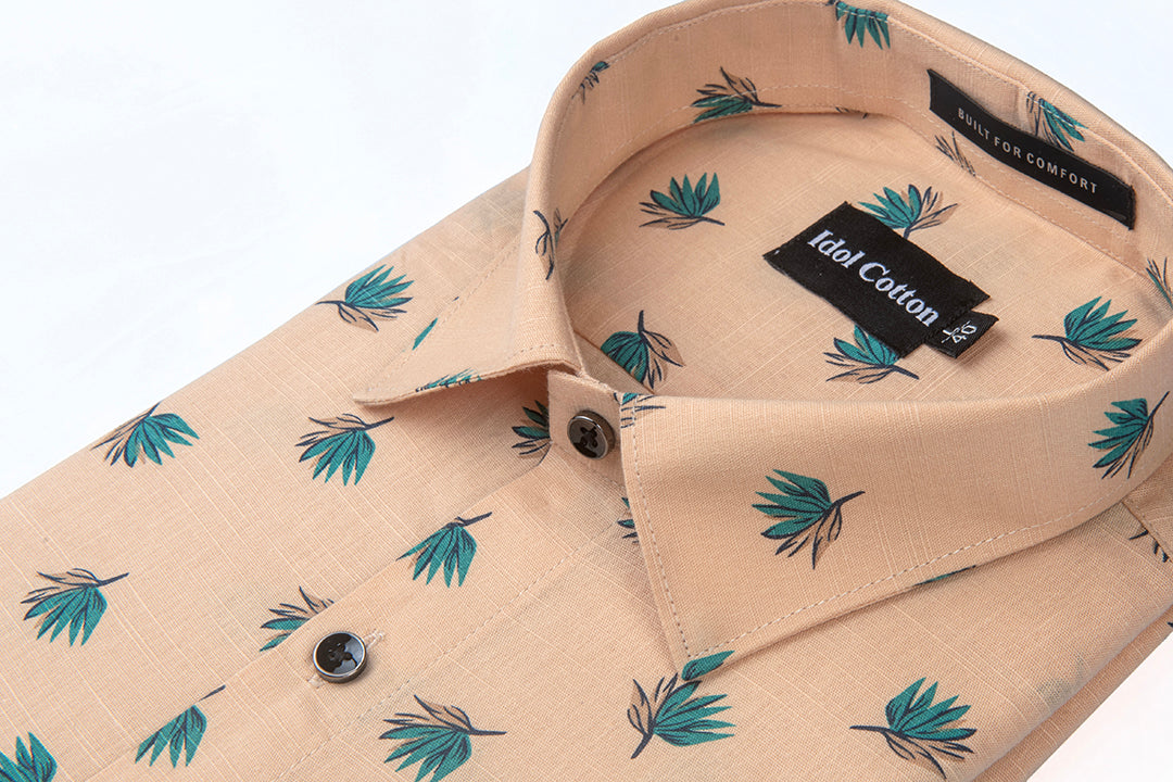 Linen Green And Teal Leaf Print Peach Orange Background
