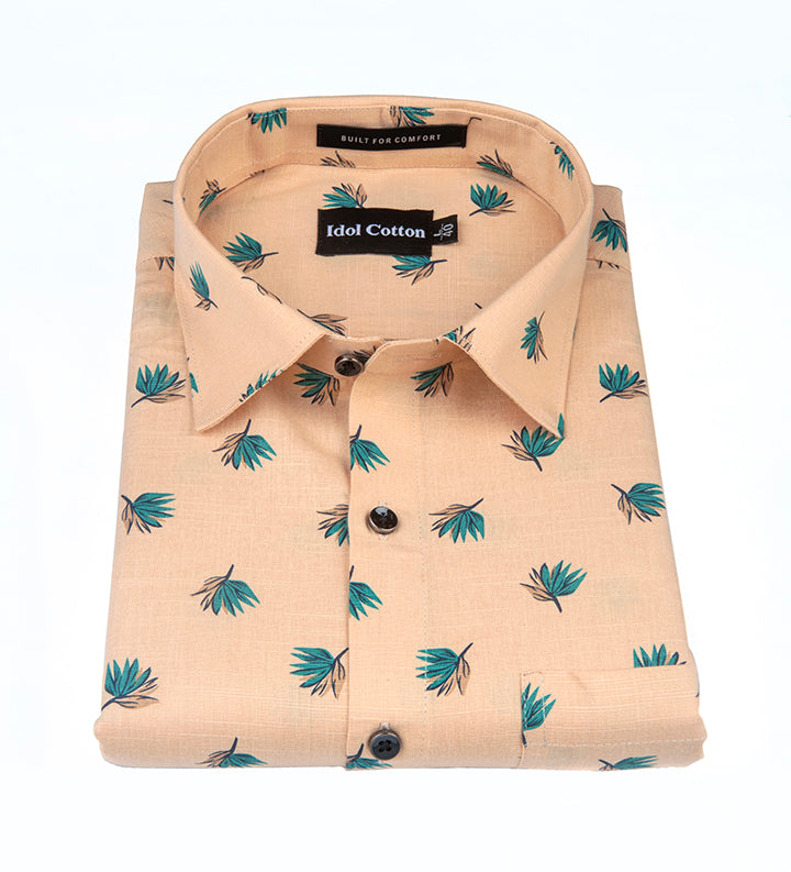 Linen Green And Teal Leaf Print Peach Orange Background