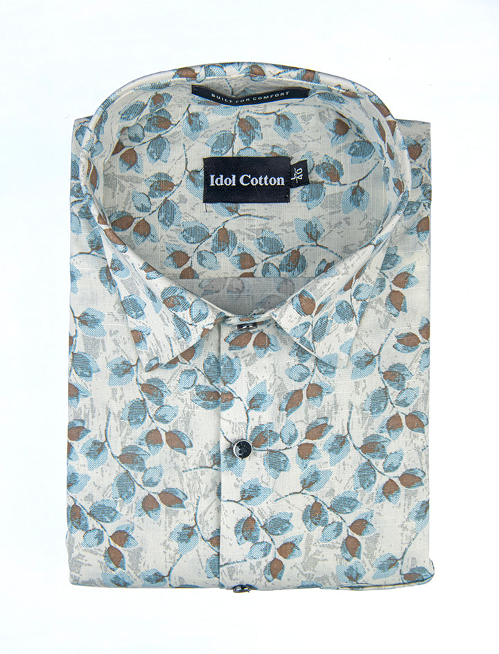 Linen All Over Leafy Vine Print Cream Base Blue And Brown Leaves
