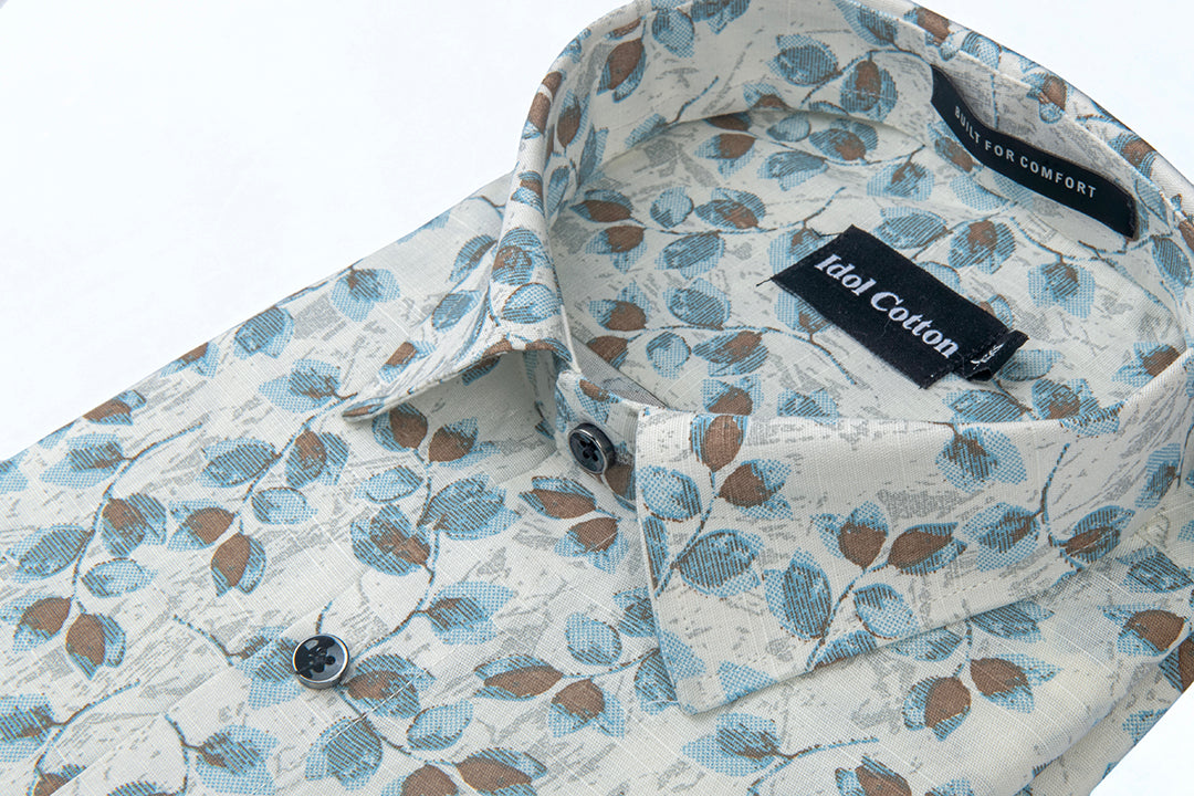 Linen All Over Leafy Vine Print Cream Base Blue And Brown Leaves