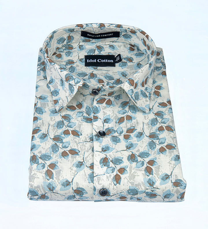 Linen All Over Leafy Vine Print Cream Base Blue And Brown Leaves