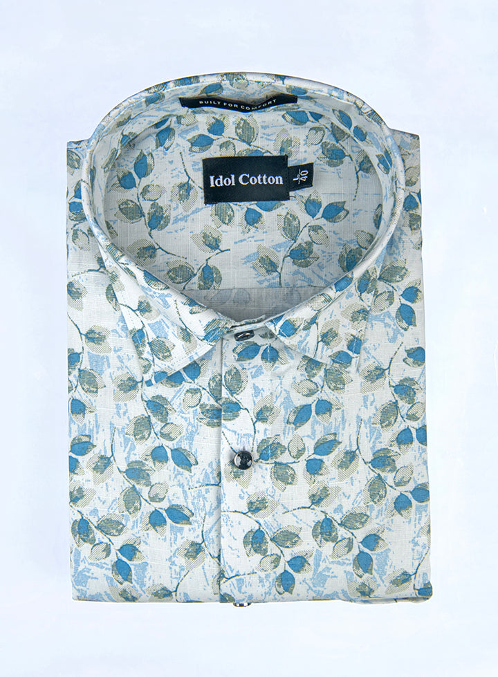 Linen All Over Leafy Vine Print Light Cream Base With Green And Blue Leaves