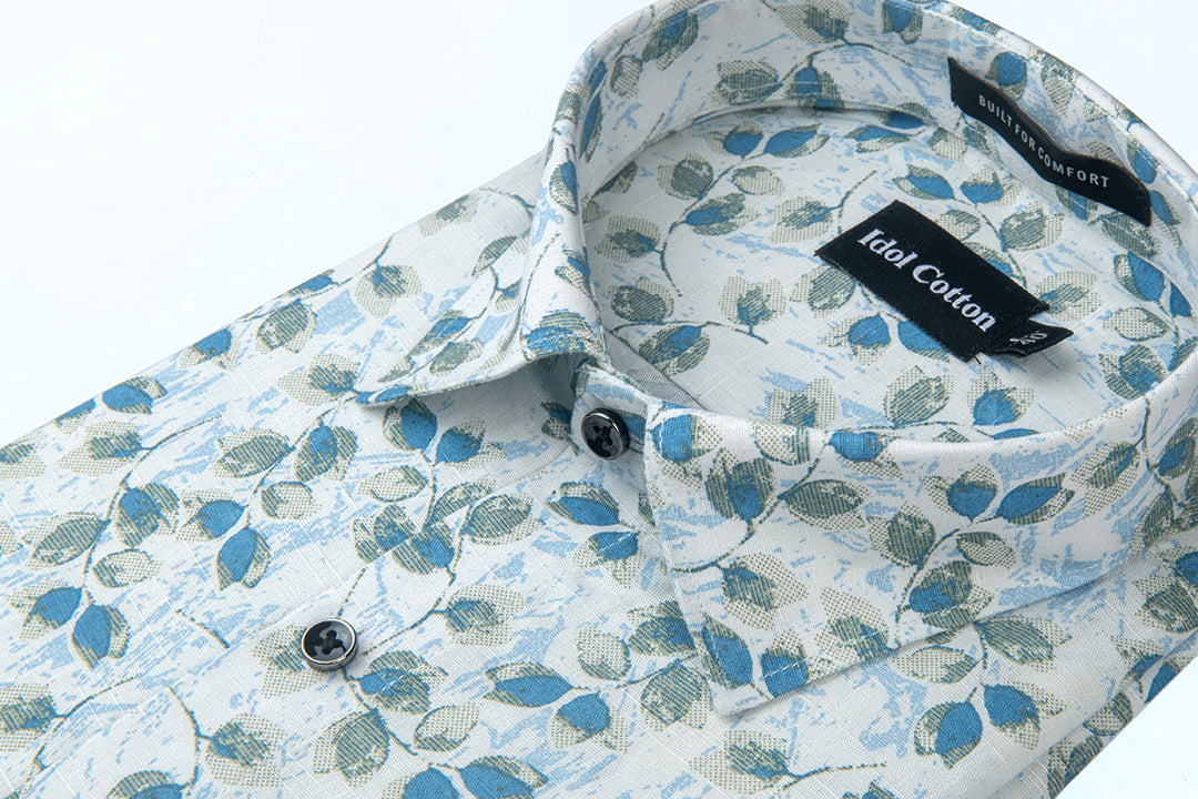 Linen All Over Leafy Vine Print Light Cream Base With Green And Blue Leaves