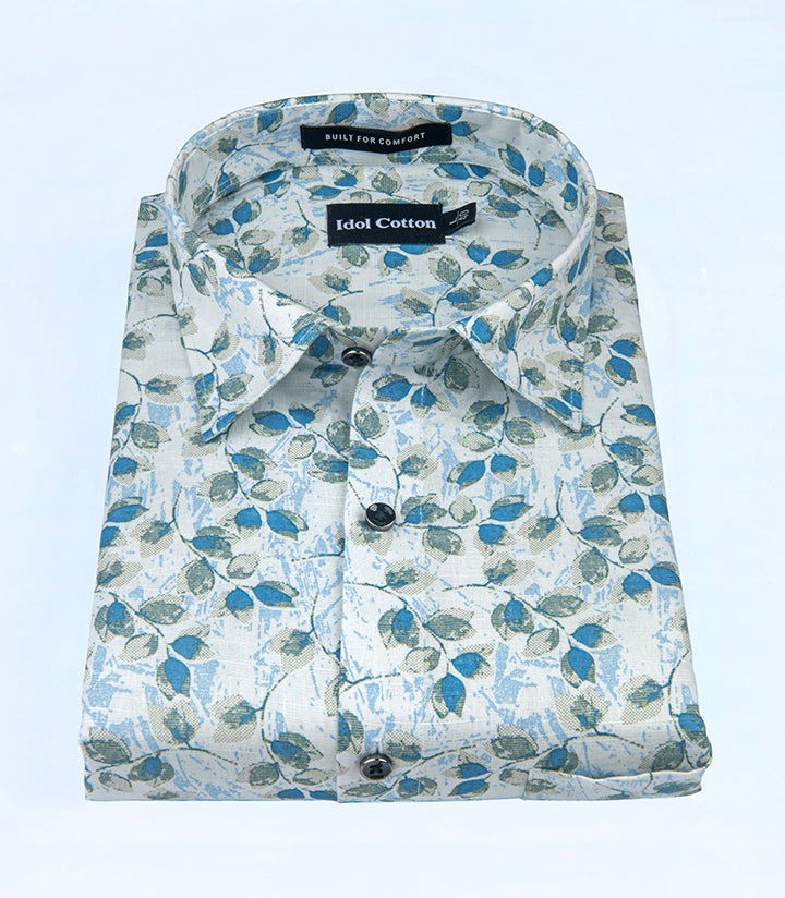 Linen All Over Leafy Vine Print Light Cream Base With Green And Blue Leaves