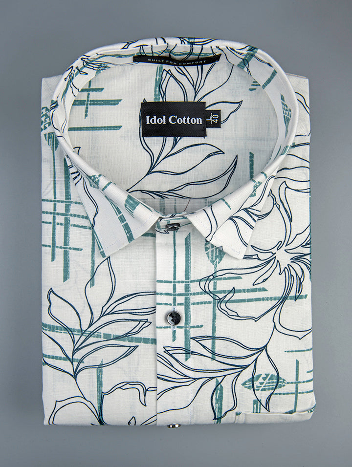 Linen Floral Line Art Print Greenish Gray