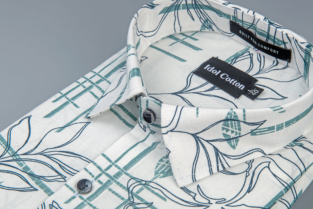 Linen Floral Line Art Print Greenish Gray