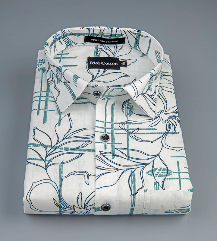 Linen Floral Line Art Print Greenish Gray