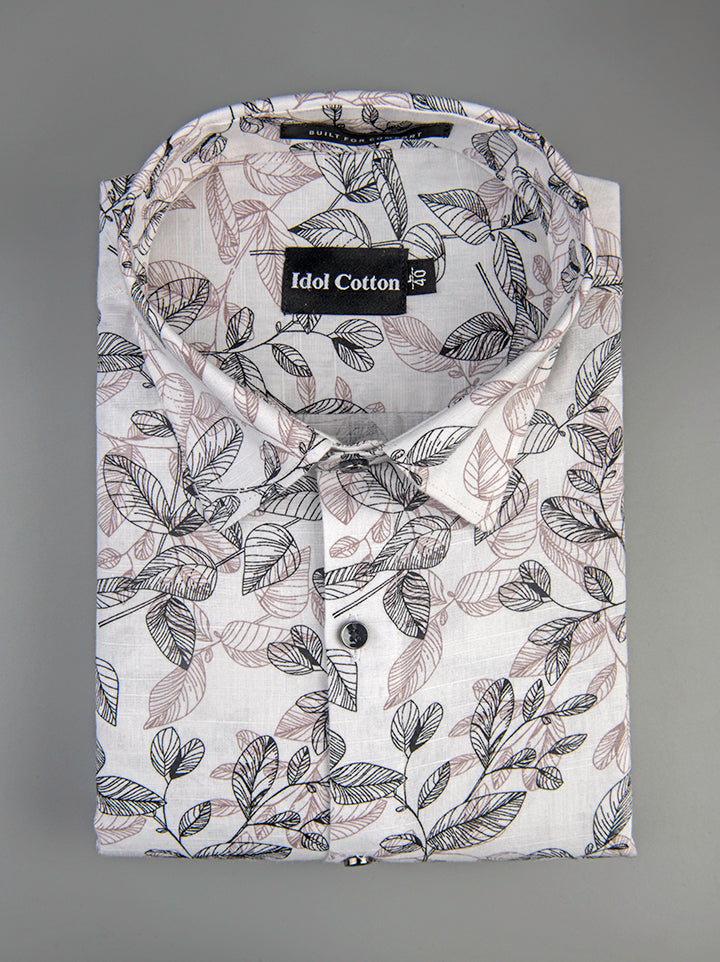 Linen Botanical Leaf Print White Base With Black