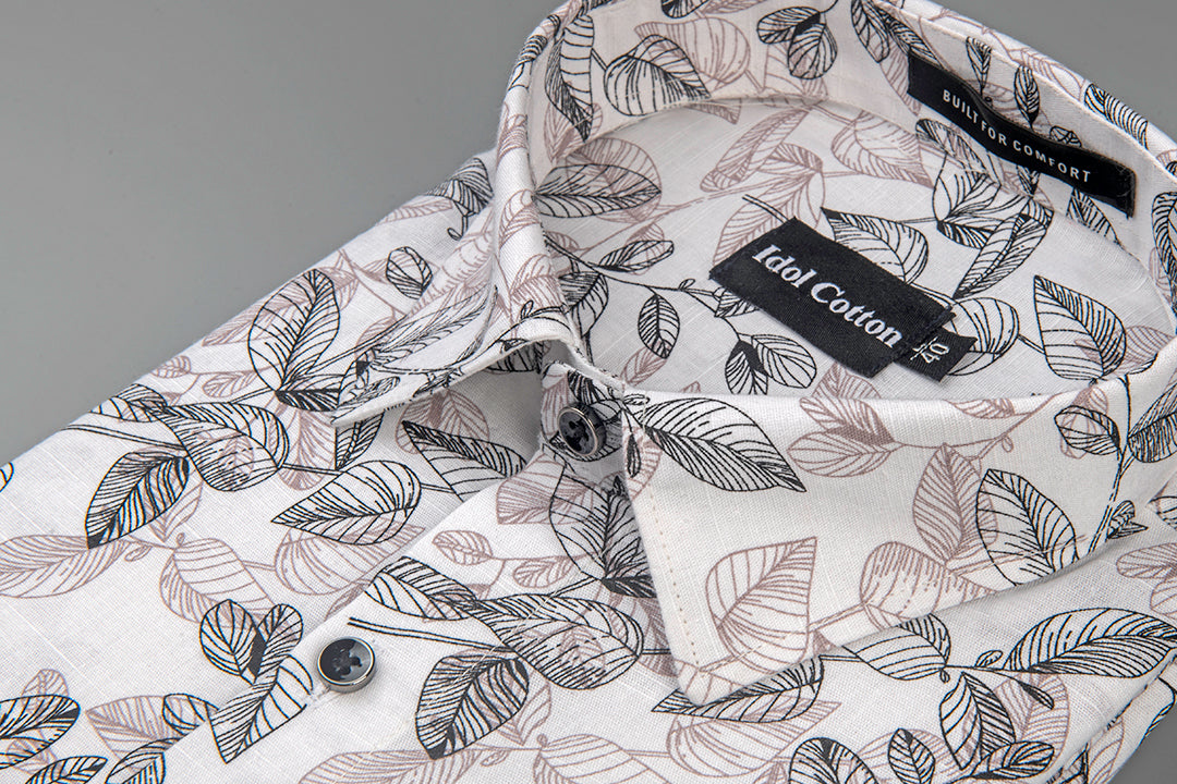 Linen Botanical Leaf Print White Base With Black