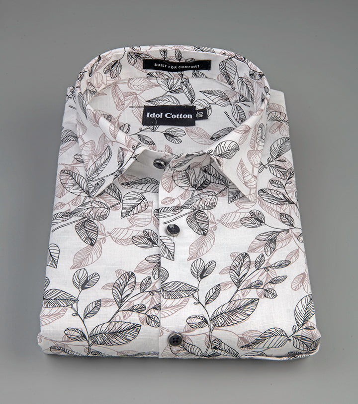 Linen Botanical Leaf Print White Base With Black