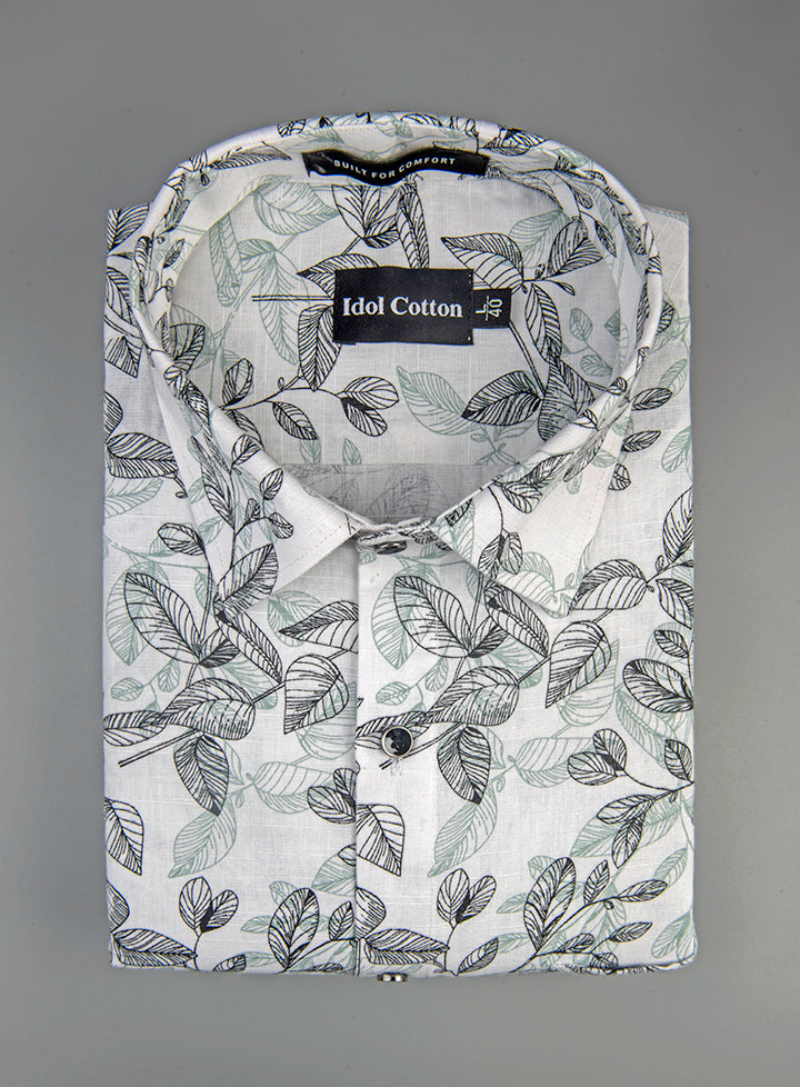 Linen Botanical Leaf Print White Bsse Light Sage Green