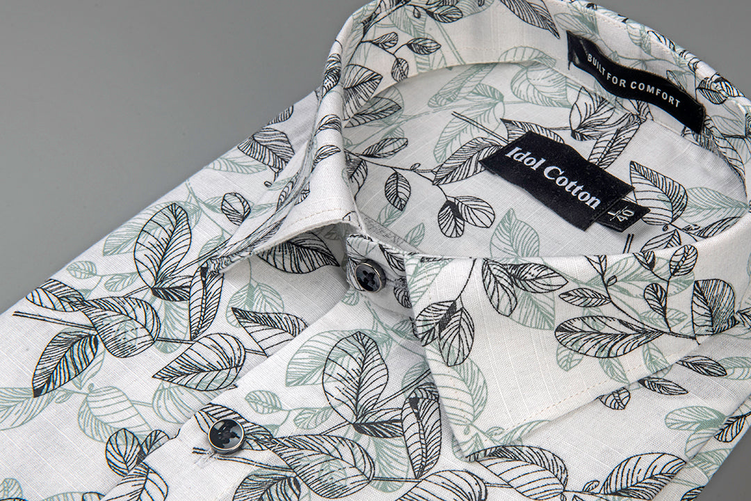 Linen Botanical Leaf Print White Bsse Light Sage Green