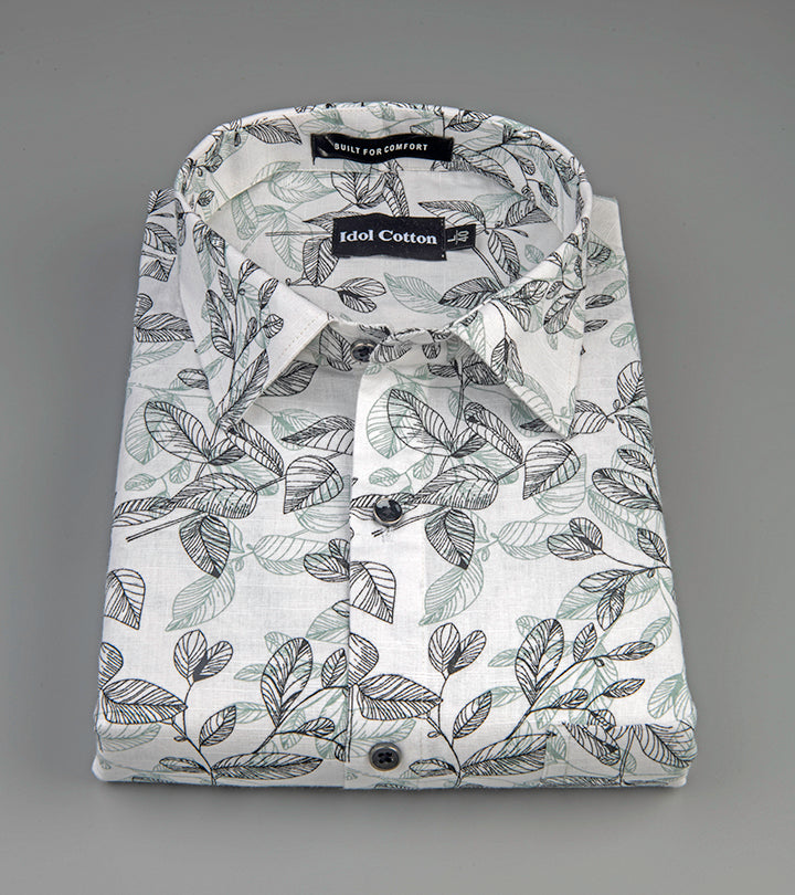 Linen Botanical Leaf Print White Bsse Light Sage Green