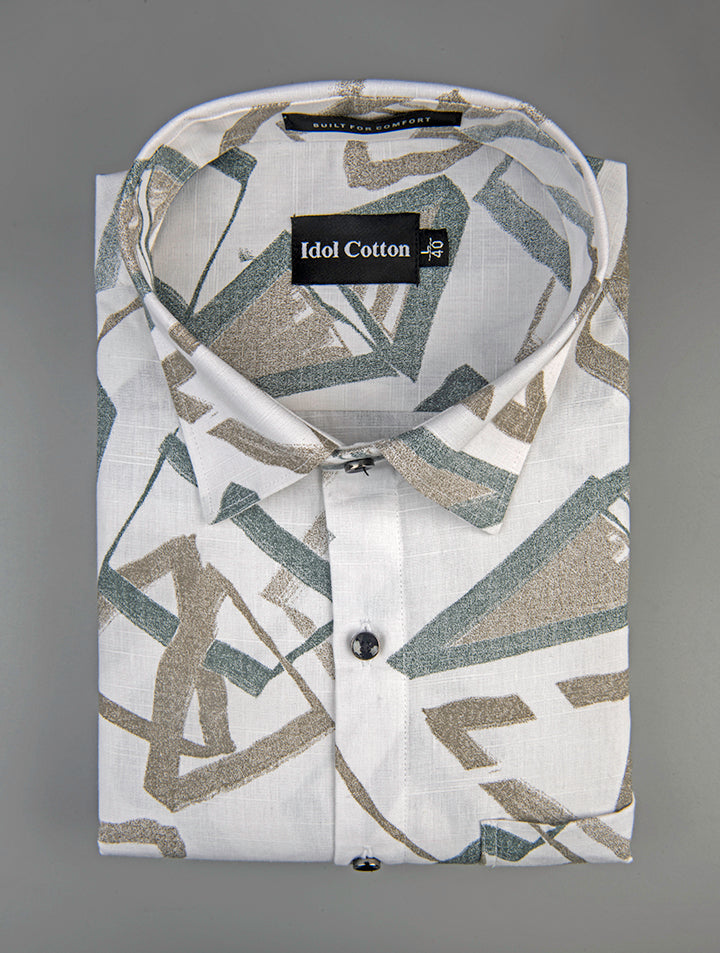 Linen Brushstoke Print White Base With Olive Green