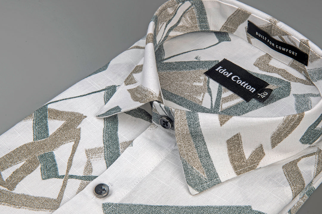 Linen Brushstoke Print White Base With Olive Green
