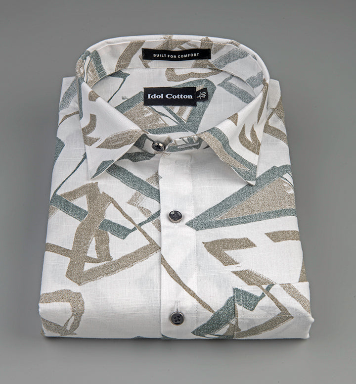 Linen Brushstoke Print White Base With Olive Green