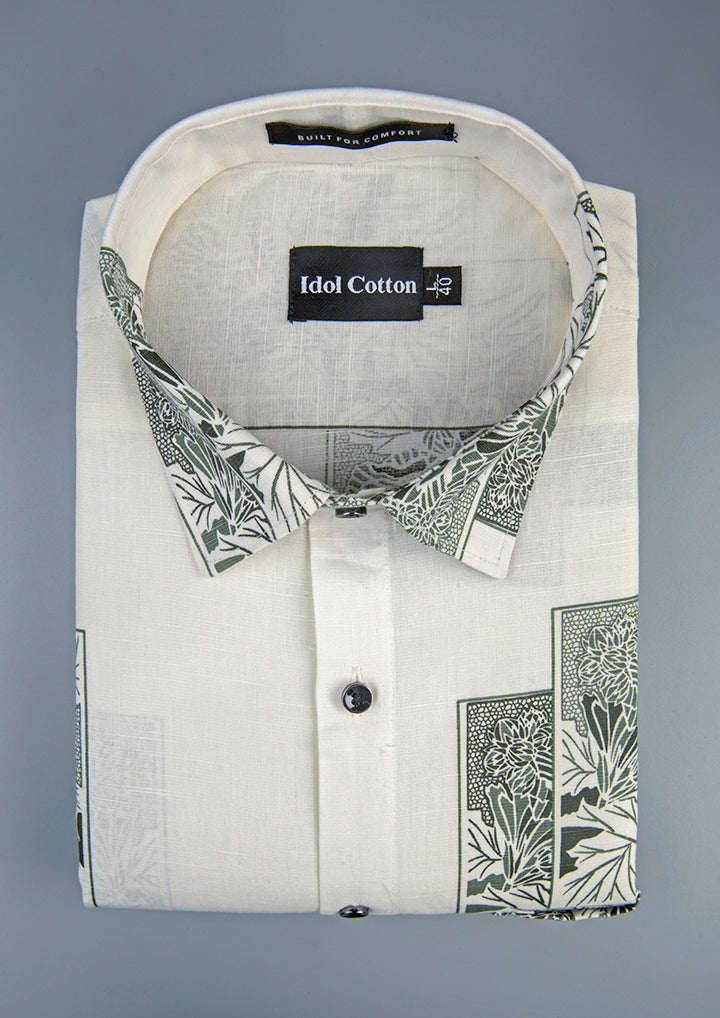 Linen Floral Block Print Cream Base With Dark Green