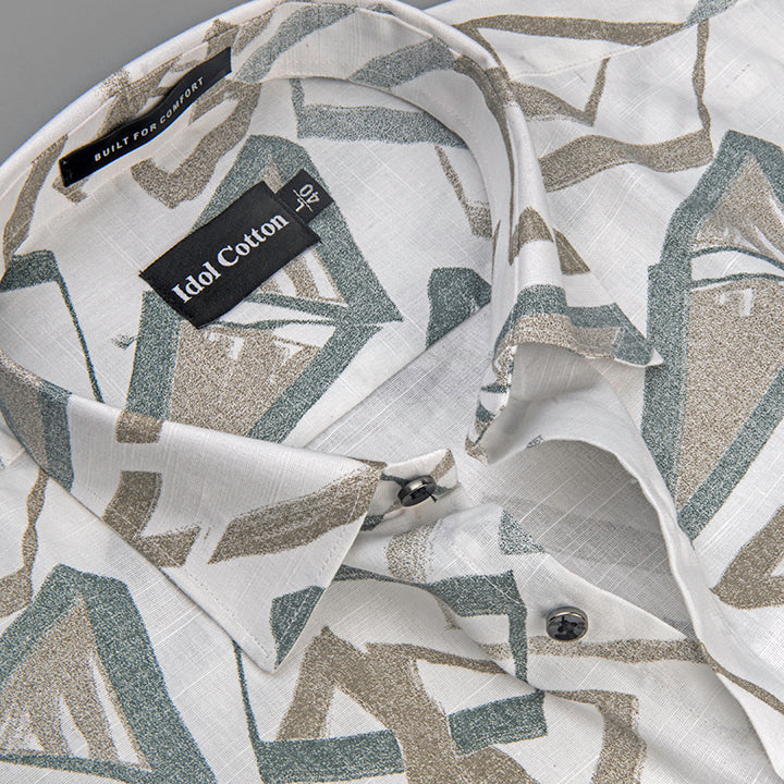 Linen Brushstoke Print White Base With Olive Green