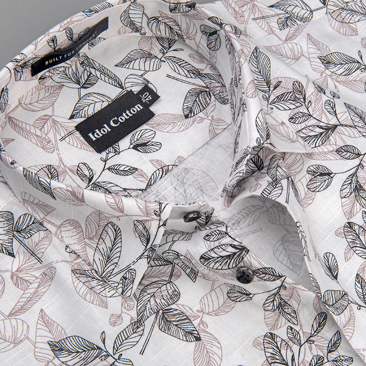 Linen Botanical Leaf Print White Base With Black