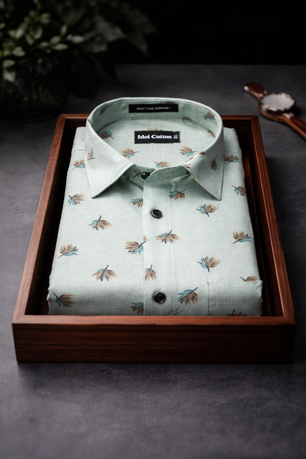 Linen Brown And Teal Leaf Print Light Green Background