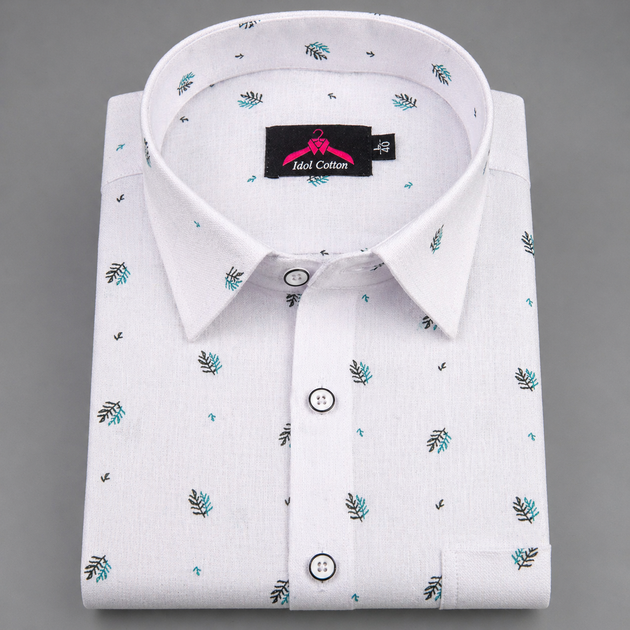 Linen Cotton White with Teal Green & Cool Green Micro Leaf Print Men’s Shirt