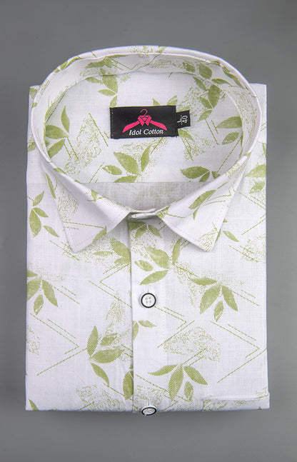 Turkey Linen White with Spring Green Leaf Print Men’s Shirt