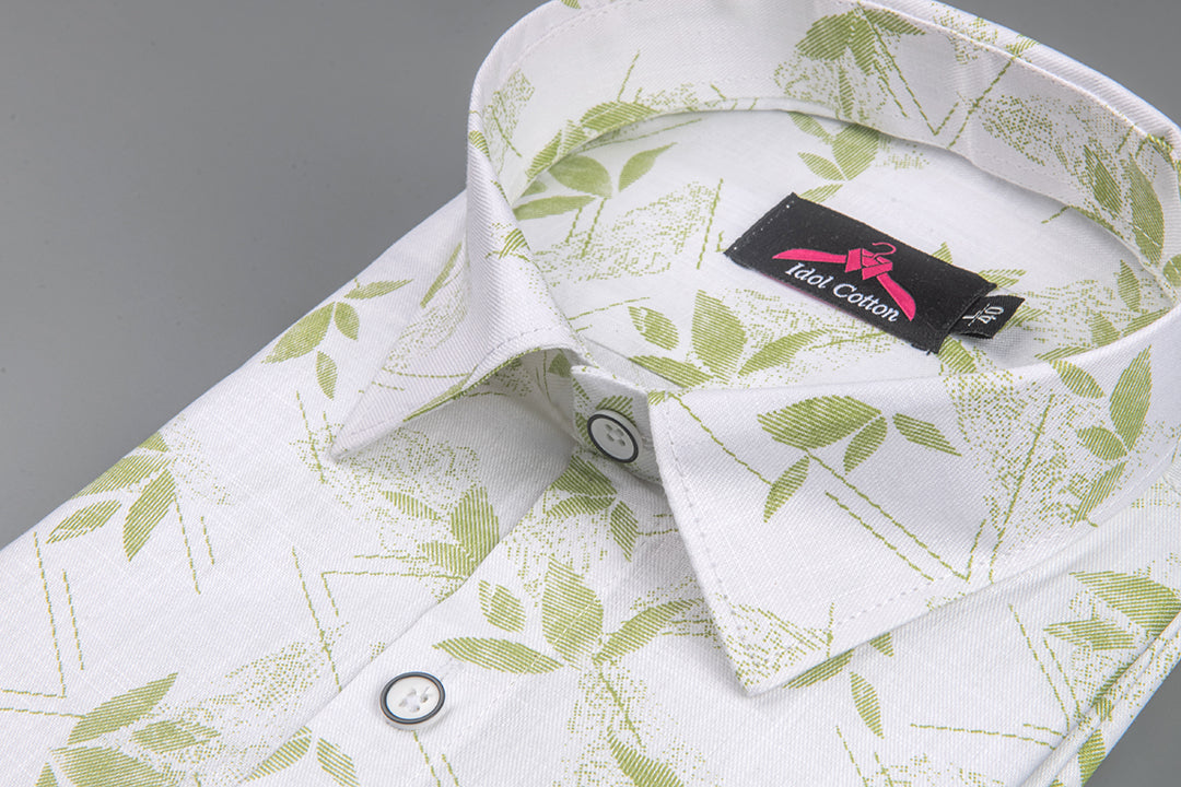 Turkey Linen White with Spring Green Leaf Print Men’s Shirt