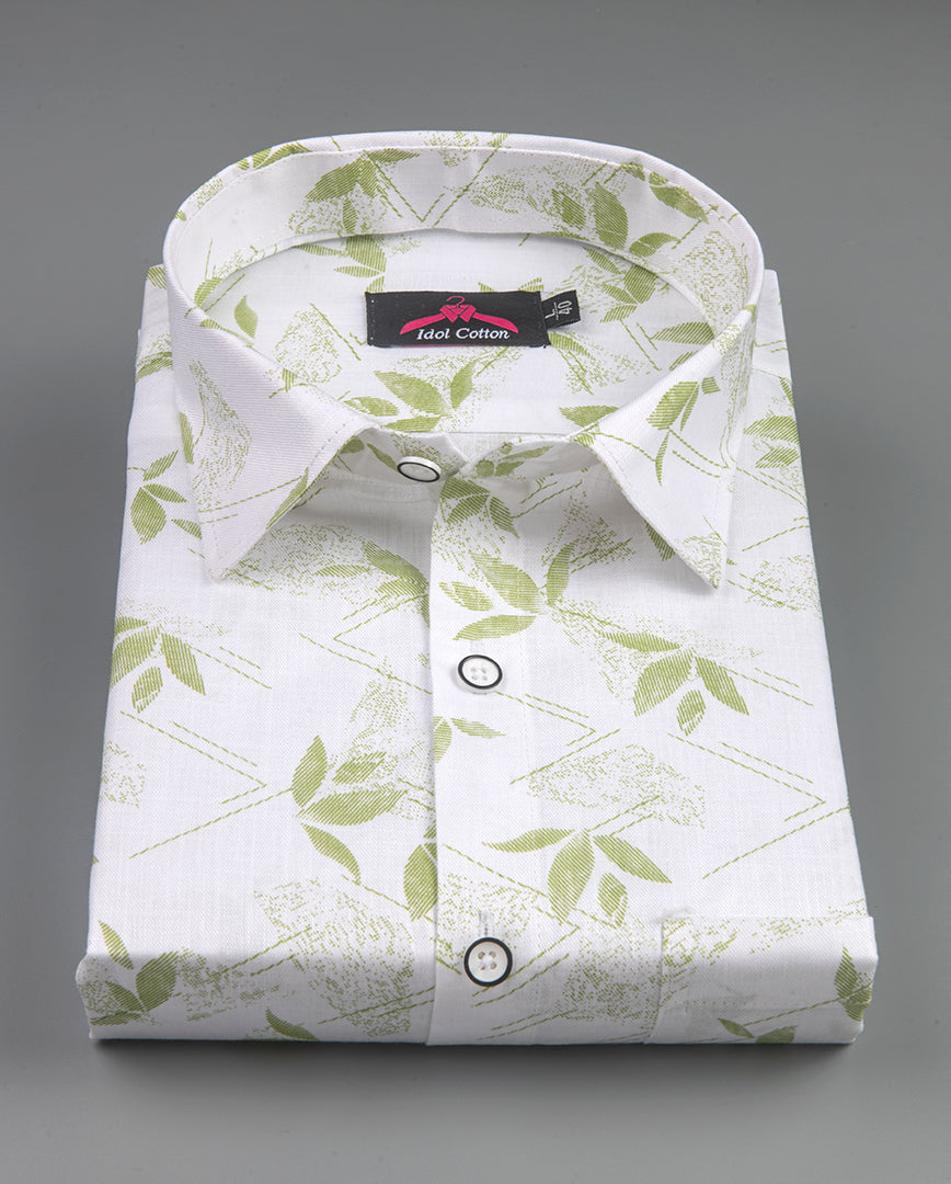 Turkey Linen White with Spring Green Leaf Print Men’s Shirt
