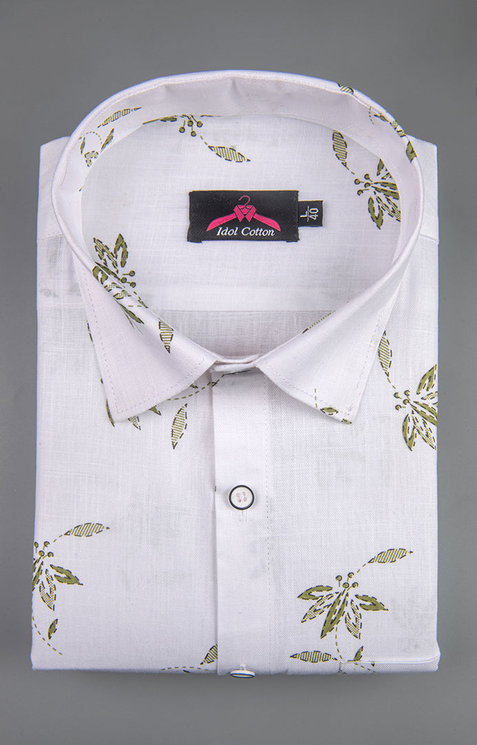 Turkey Linen White with Olive Green Big Leaf Print Men’s Shirt