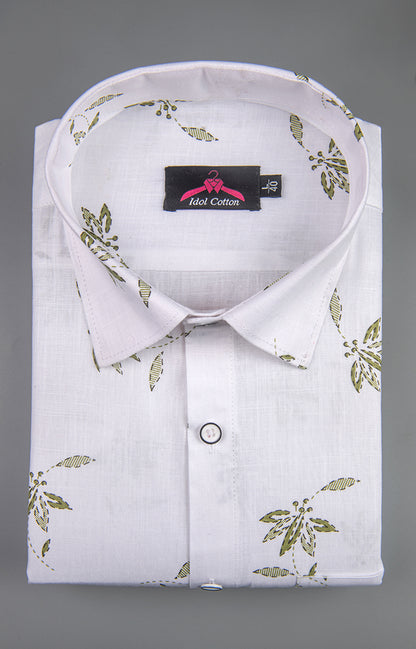 Turkey Linen White with Olive Green Big Leaf Print Men’s Shirt