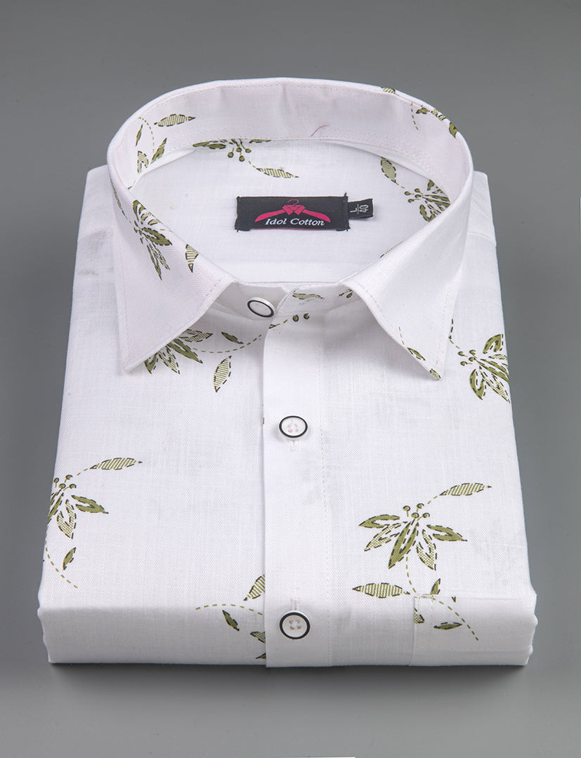 Turkey Linen White with Olive Green Big Leaf Print Men’s Shirt