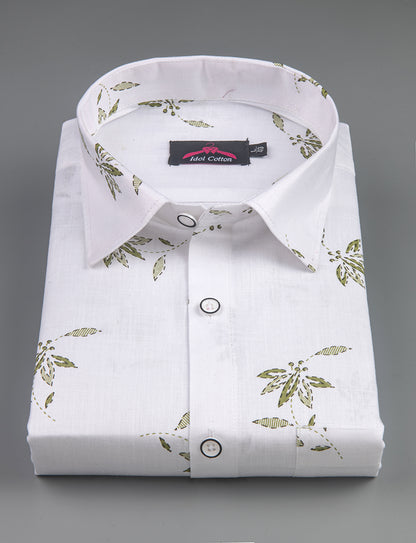 Turkey Linen White with Olive Green Big Leaf Print Men’s Shirt