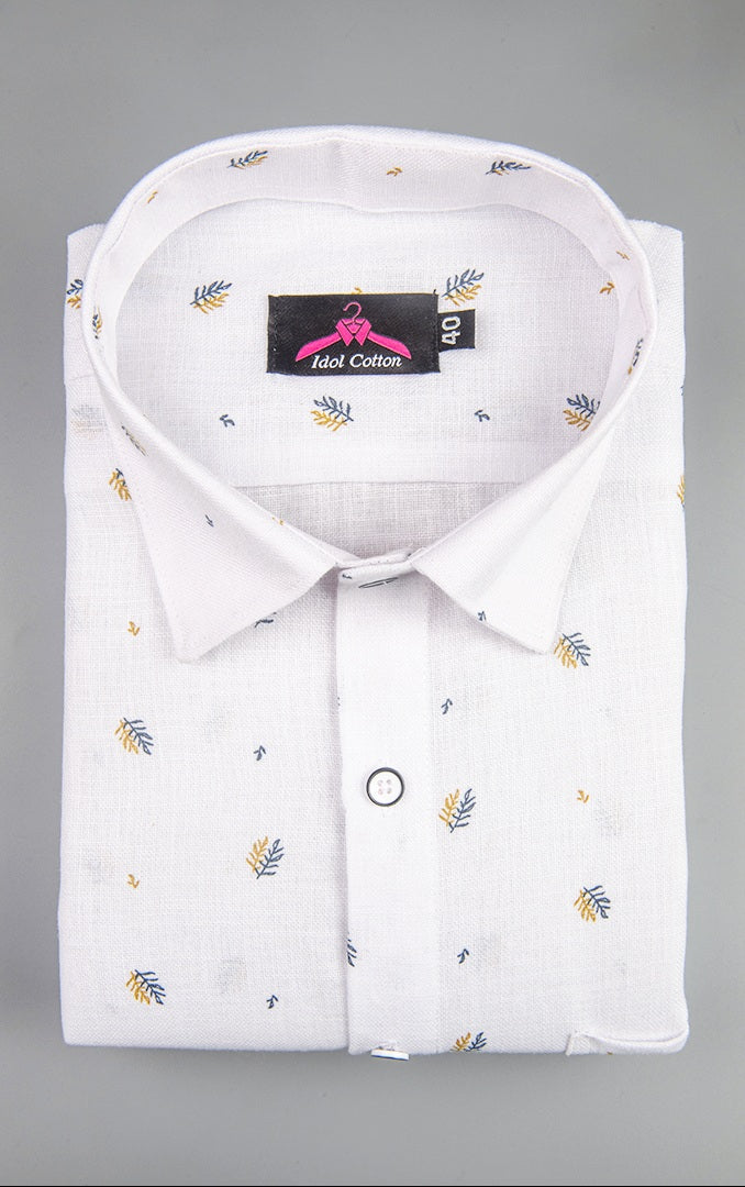 Linen Cotton White with Mustard Yellow & Navy Blue Micro Leaf Print Men’s Shirt
