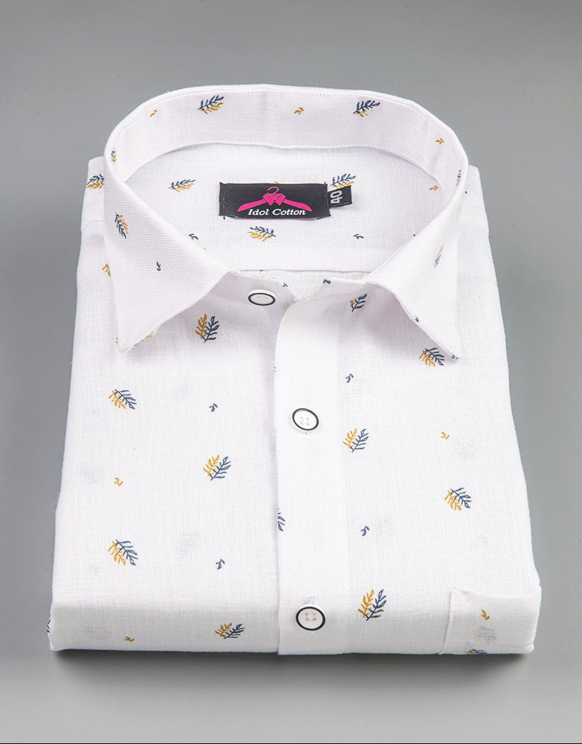 Linen Cotton White with Mustard Yellow & Navy Blue Micro Leaf Print Men’s Shirt