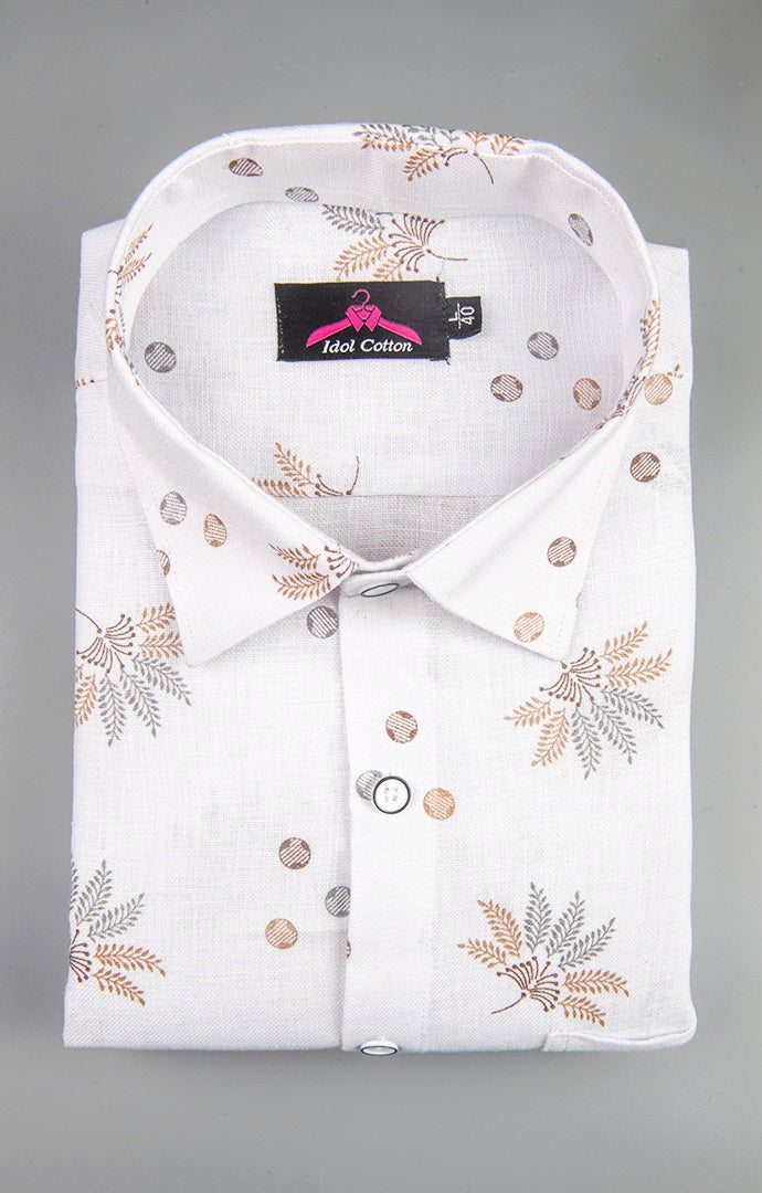 Linen Cotton White with Light Brown & Gray Leaf Dot Print Men’s Shirt