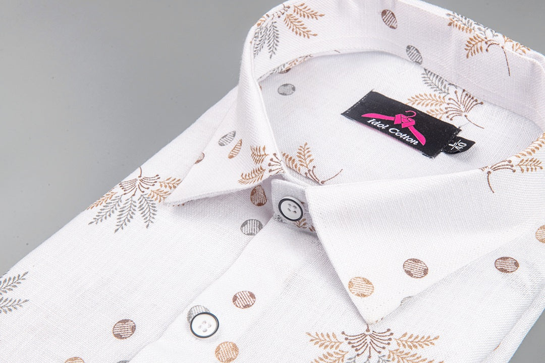 Linen Cotton White with Light Brown & Gray Leaf Dot Print Men’s Shirt