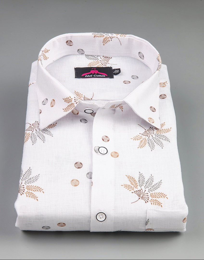 Linen Cotton White with Light Brown & Gray Leaf Dot Print Men’s Shirt