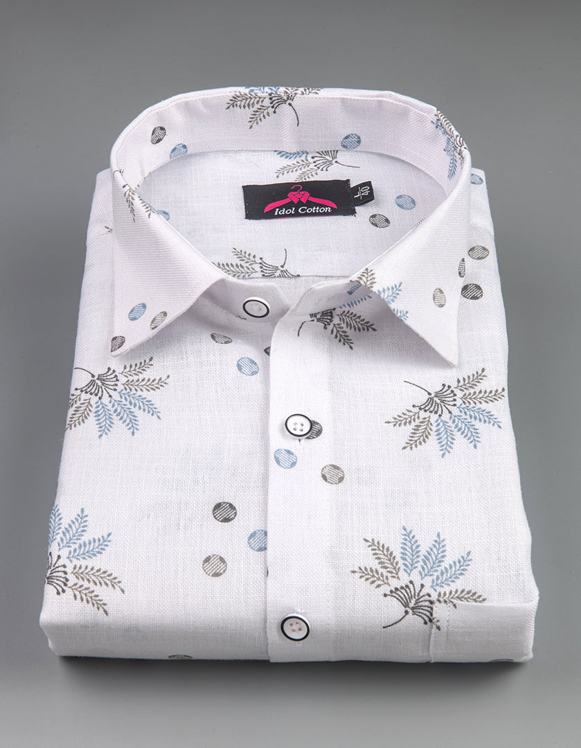 Linen Cotton White with Sky Blue & Gray Leaf Dot Print Men’s Shirt