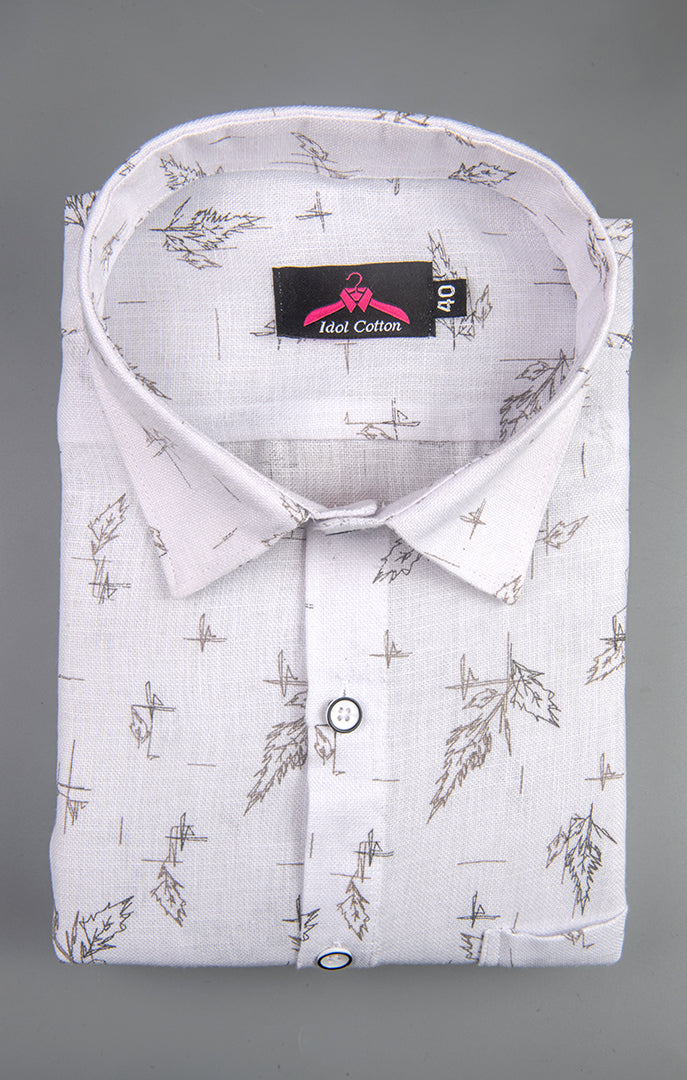 Linen Cotton White with Ash Gray Sketch Leaf Print Men’s Shirt